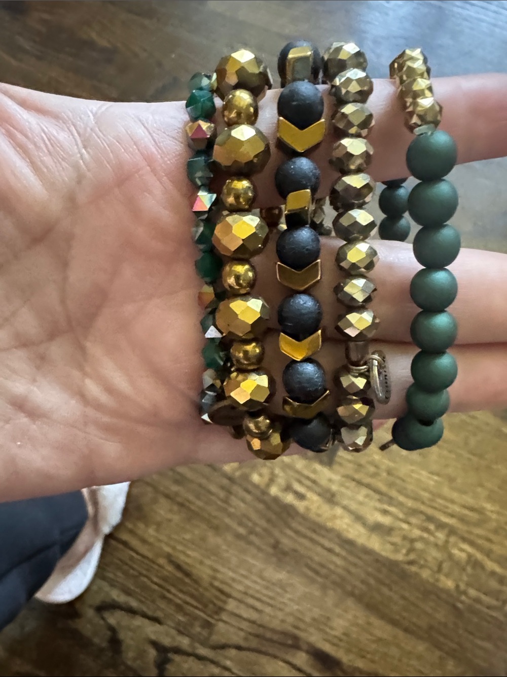 Gold and Green Mixed Bead Stretch Bracelet Set - Women's Jewelry